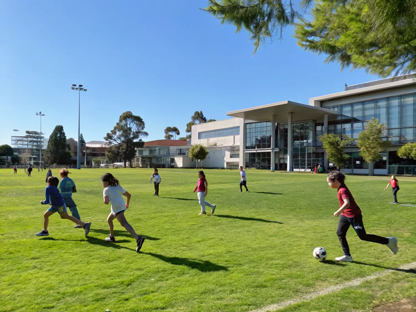 A group of children participating in a fun outdoor sports activity, supervised by a coach, with bright and cheerful expressions, set in a sunny park environment.