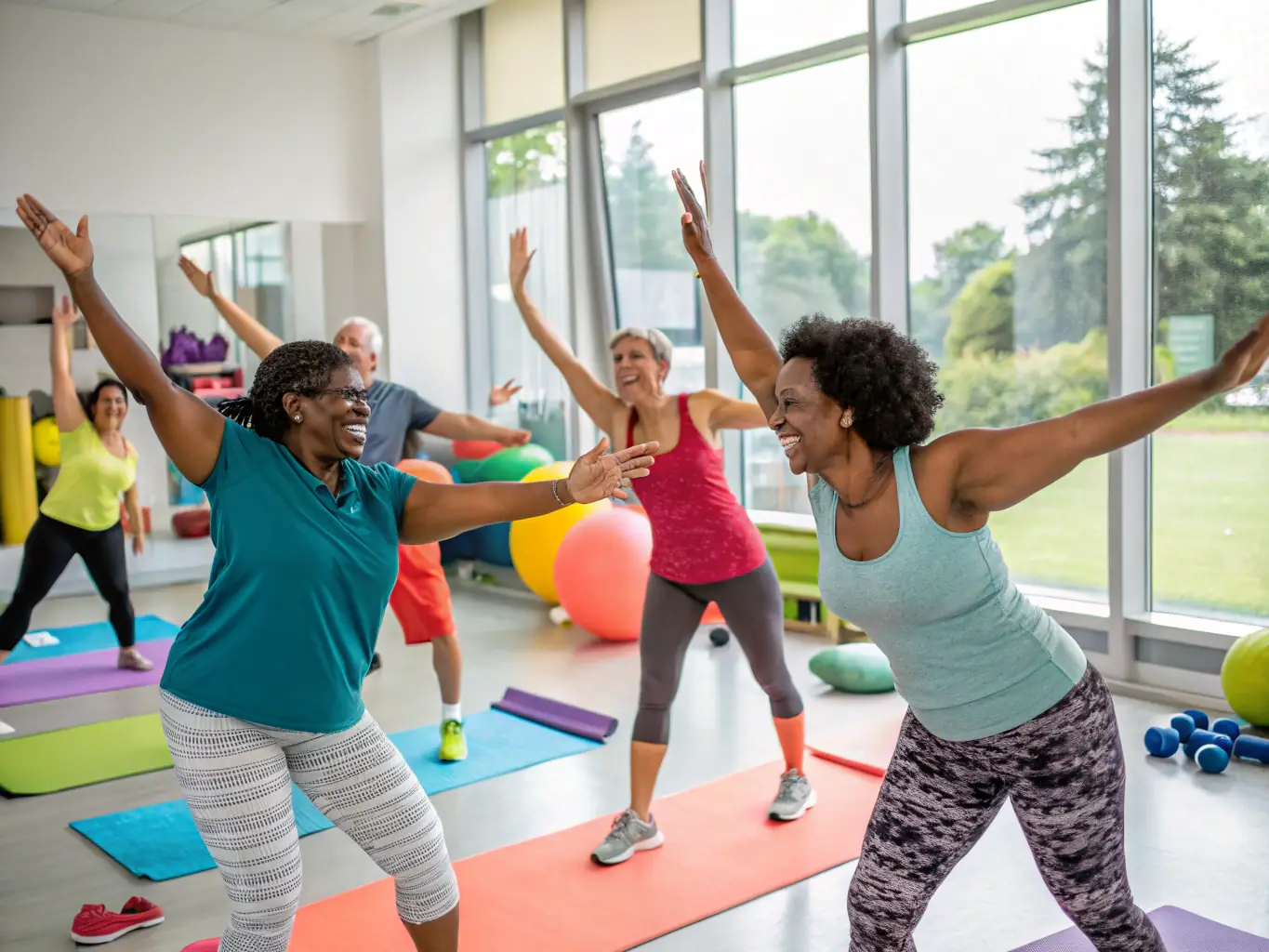 A group of adults participating in a group fitness class, led by an instructor, with participants of varying ages and fitness levels, set in a modern gym or studio.