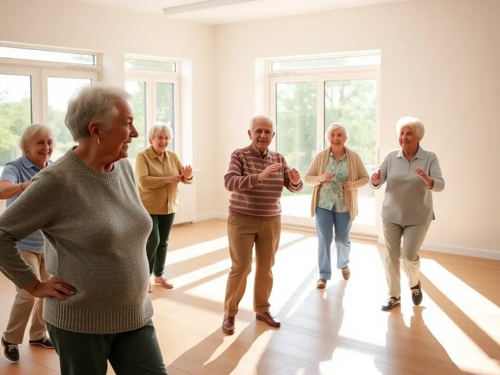 A group of seniors participating in a gentle exercise class, led by an instructor, with participants smiling and enjoying the activity, set in a community center or park.
